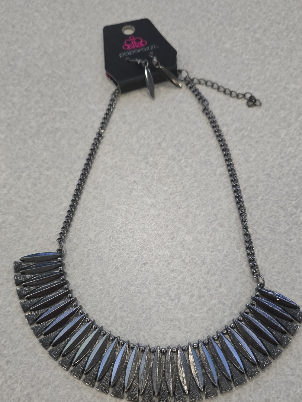 paparazzi Gunmetal Spike Fringe Necklace with Dark Steel Shine